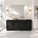Decorative bathroom vanity in natural solid wood with carved doors and single basin