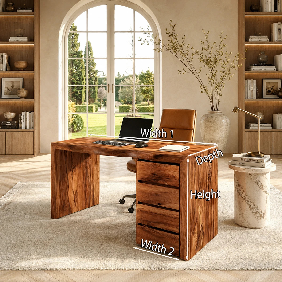 Contemporary desk blends a wide work surface with organized storage in a calm study room