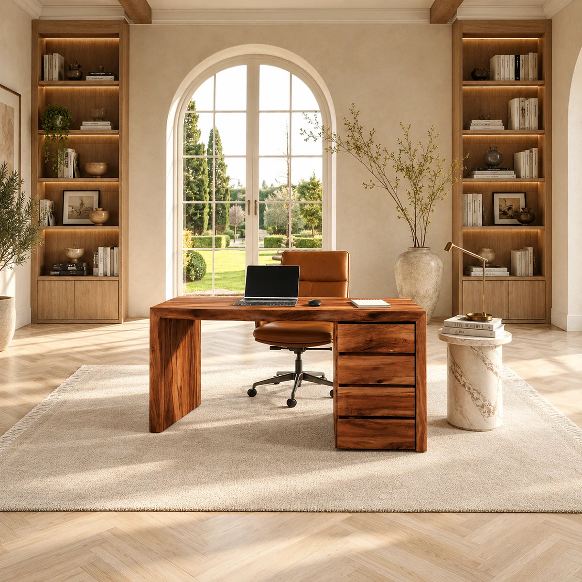 Designed for focused work, this office desk pairs a wide surface with built in drawers