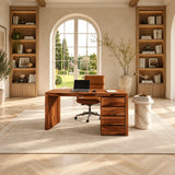 Designed for focused work, this office desk pairs a wide surface with built in drawers