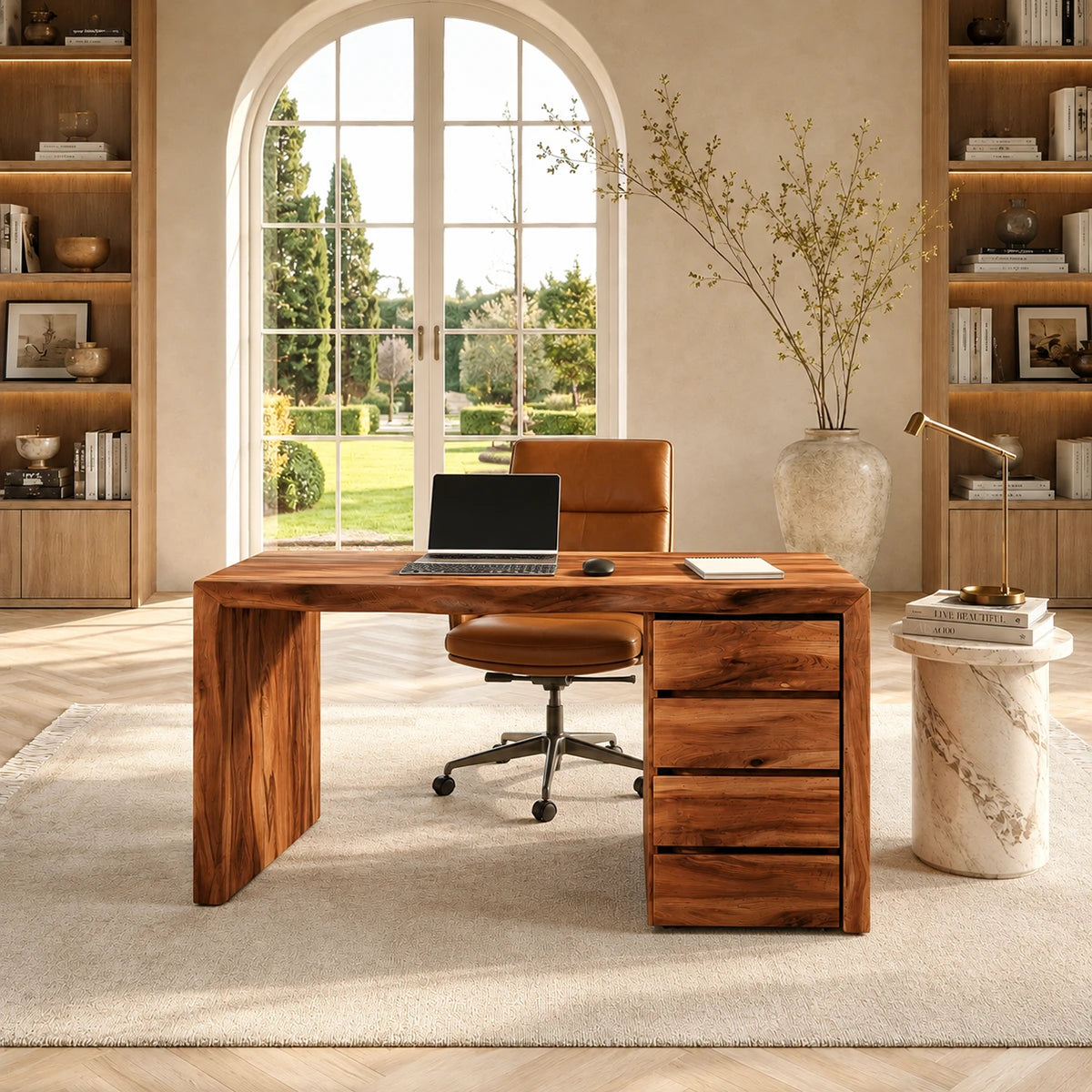 A modern writing desk with clean waterfall sides and practical storage for daily tasks