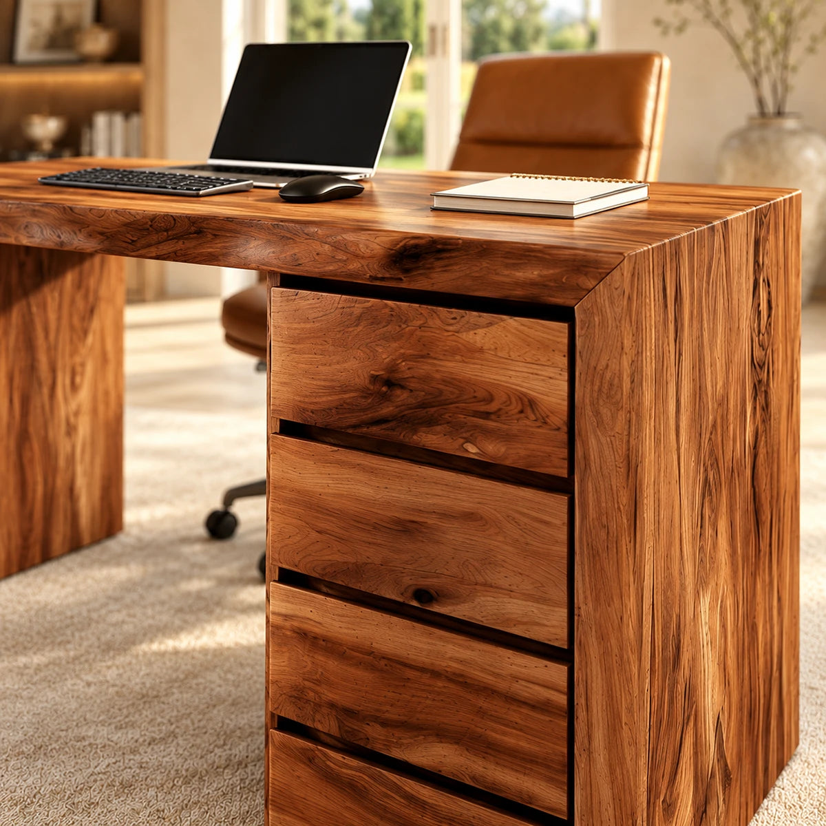 Featuring four stacked drawers, the desk keeps supplies organized in a refined workspace