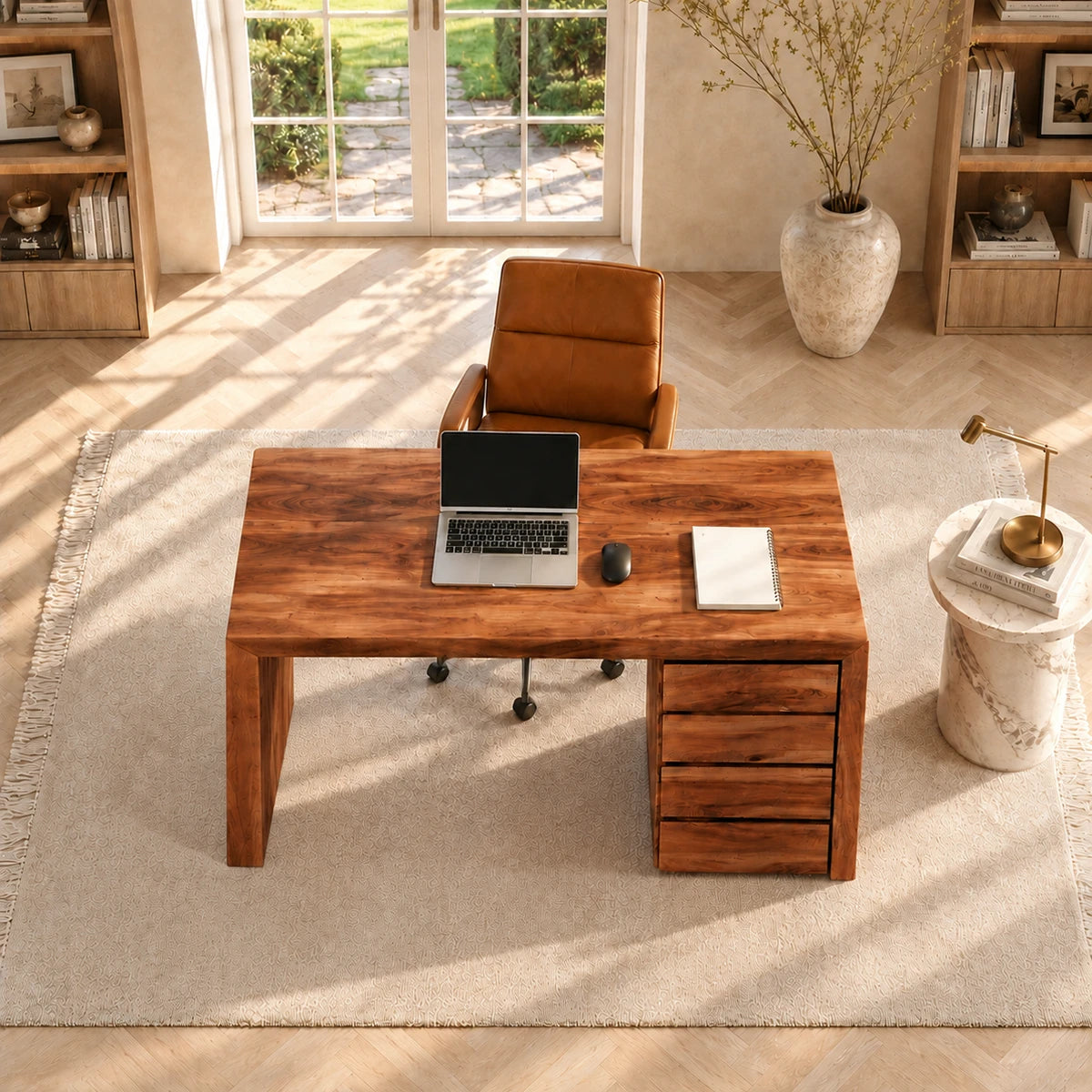 Built for productivity, this computer desk offers broad legroom and generous drawer space