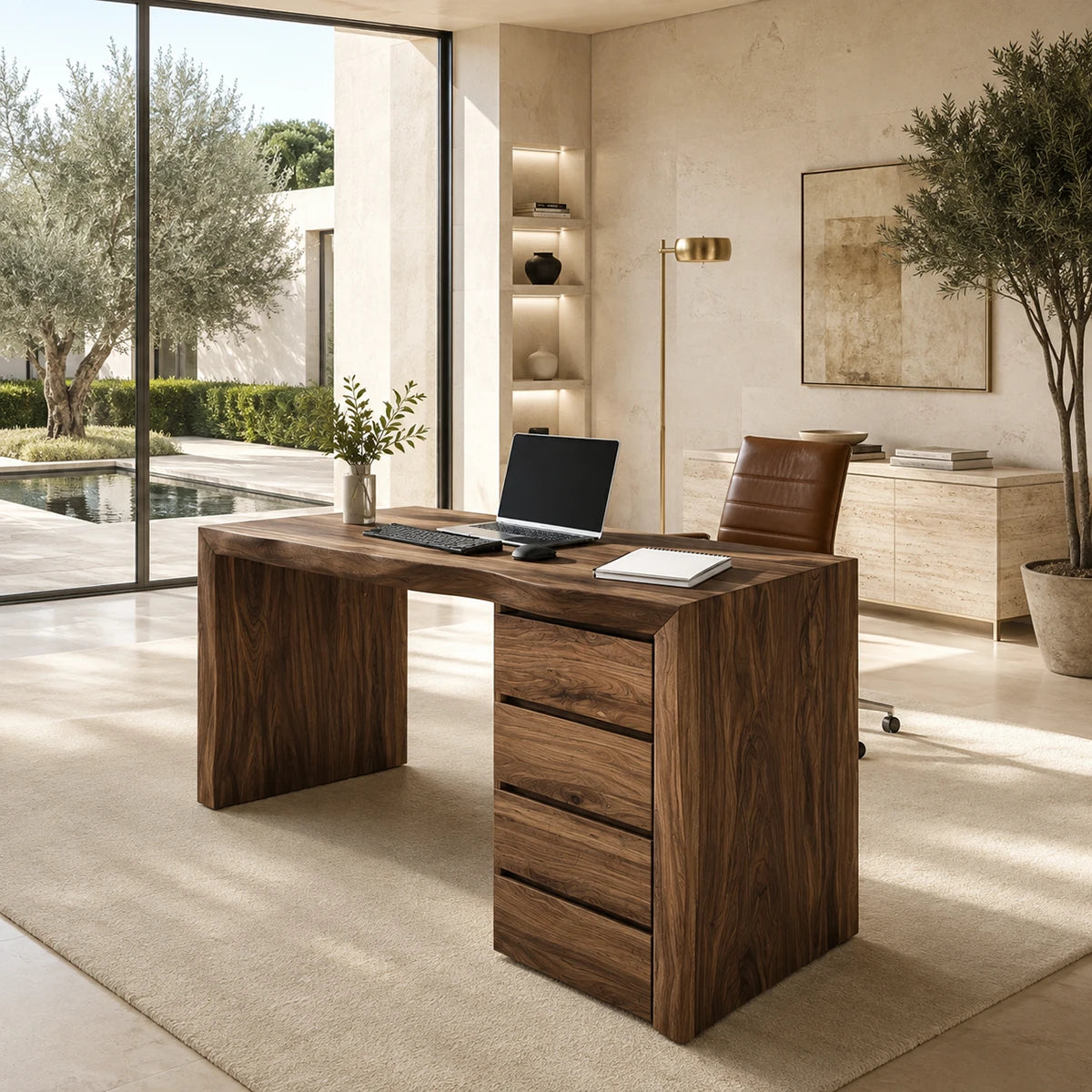 Minimalist desk with straight architectural lines and functional drawers for home offices