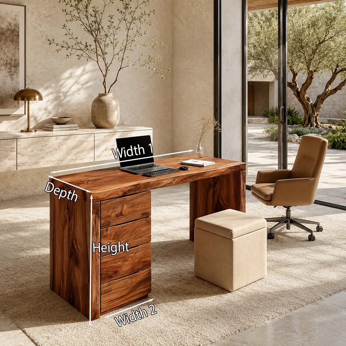 Contemporary desk balances open legroom and built in storage in an airy home office