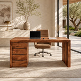 A solid wood office desk with four drawers creates an organized everyday workspace