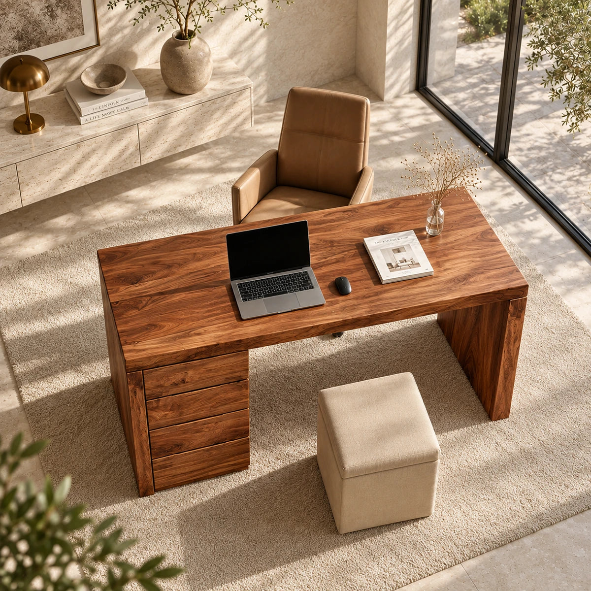 Designed for productivity, this writing desk combines a broad surface with storage
