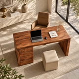 Designed for productivity, this writing desk combines a broad surface with storage