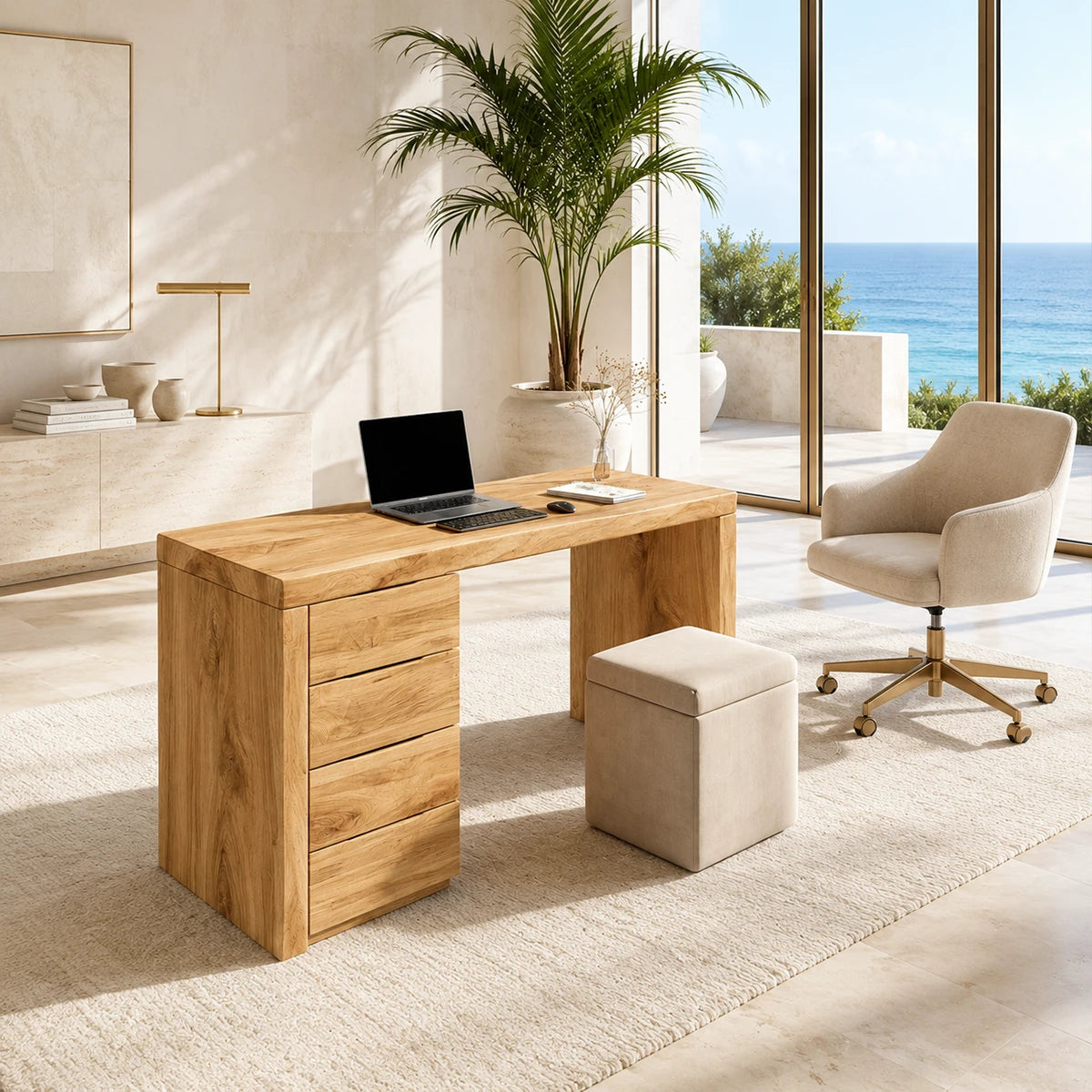 With a substantial frame, this study desk brings structure to a calm modern workspace