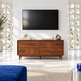 Wide TV media unit in solid wood with four drawers, ring pulls, and slim profile
