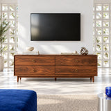 Statement TV console table in solid wood with brass ring pulls and drawer storage