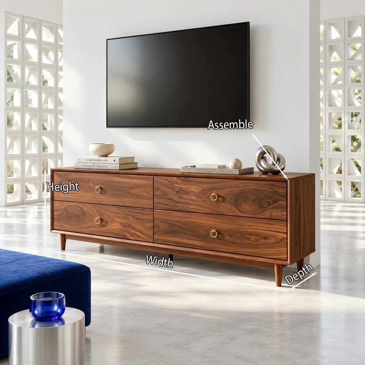 Refined entertainment console in solid wood with ring pulls and mid century appeal
