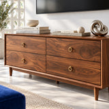Modern TV console in solid wood with clean lines, four drawers, and ring handles
