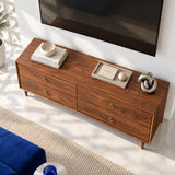 Contemporary entertainment stand in solid wood with drawer storage and ring pull accents

