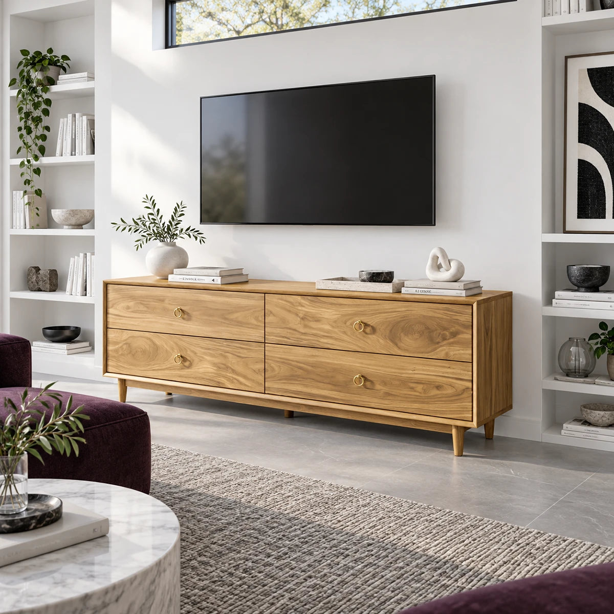 Designer media cabinet in solid wood with generous drawers and a streamlined shape
