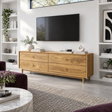 Designer media cabinet in solid wood with generous drawers and a streamlined shape
