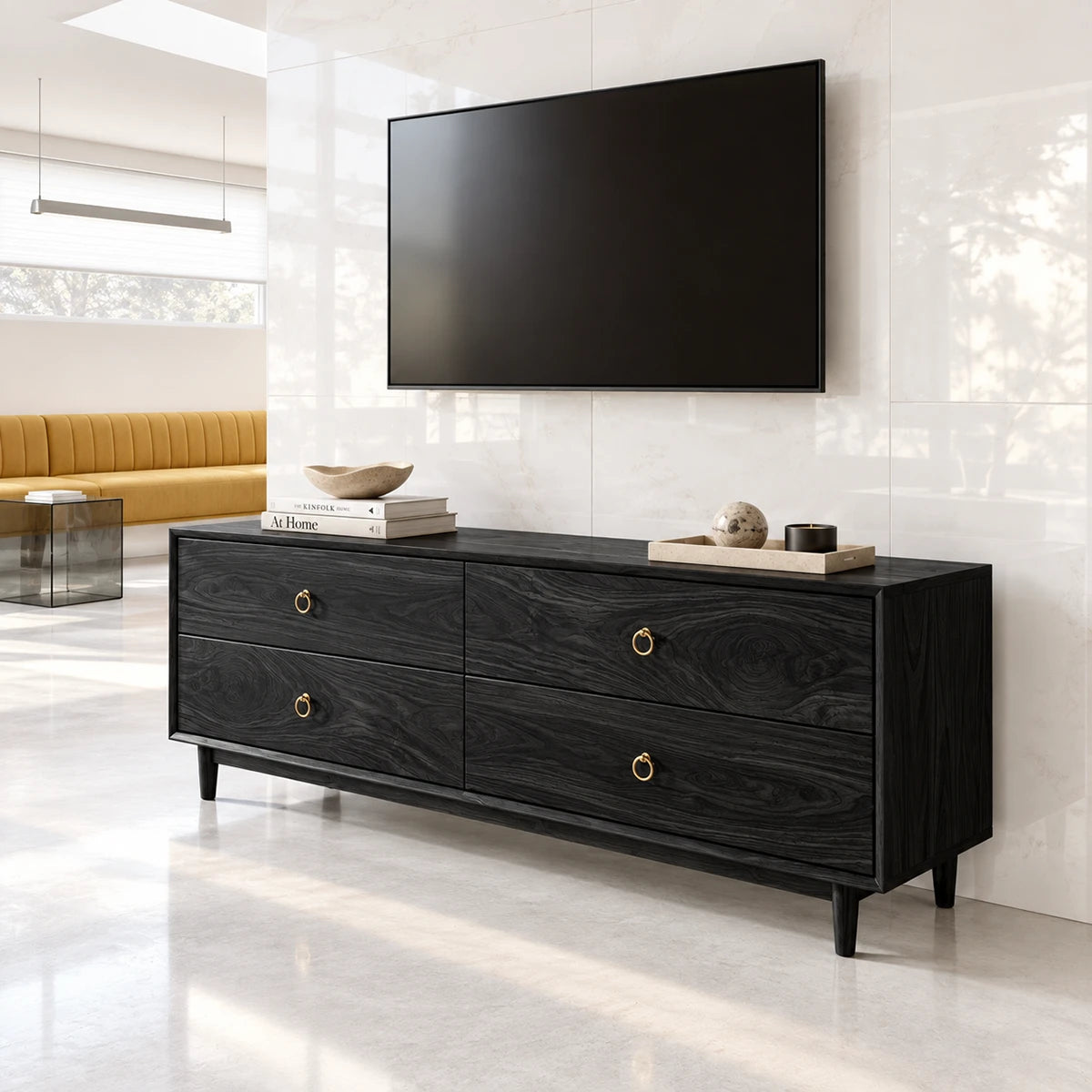Living room TV stand in solid wood with four roomy drawers and brass ring hardware
