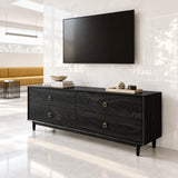 Living room TV stand in solid wood with four roomy drawers and brass ring hardware
