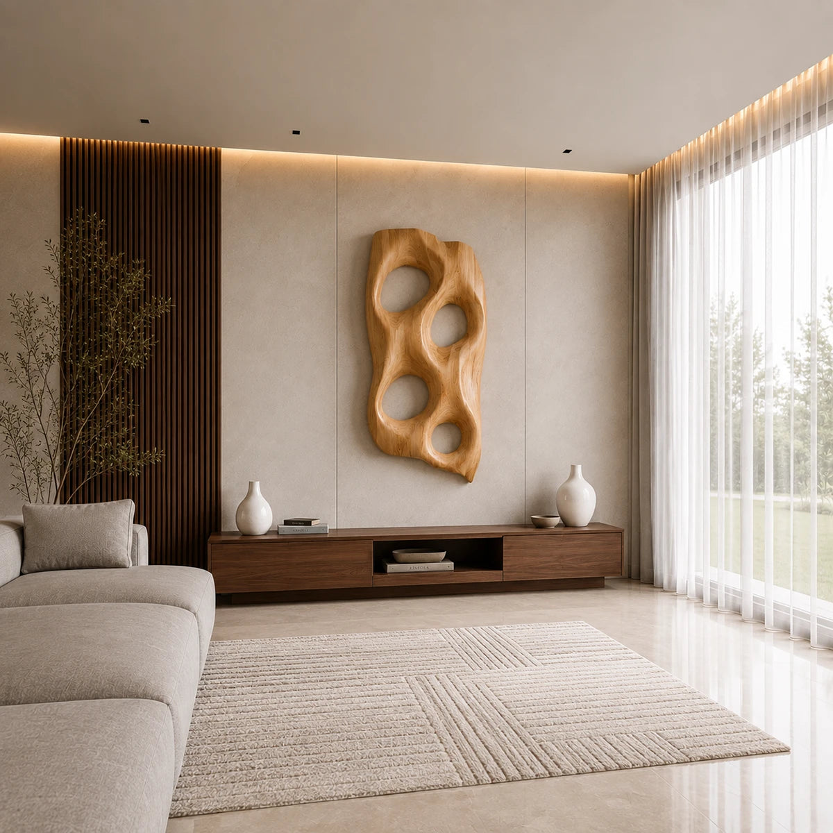 Abstract wall sculpture with four open cutouts adds depth to a modern living room