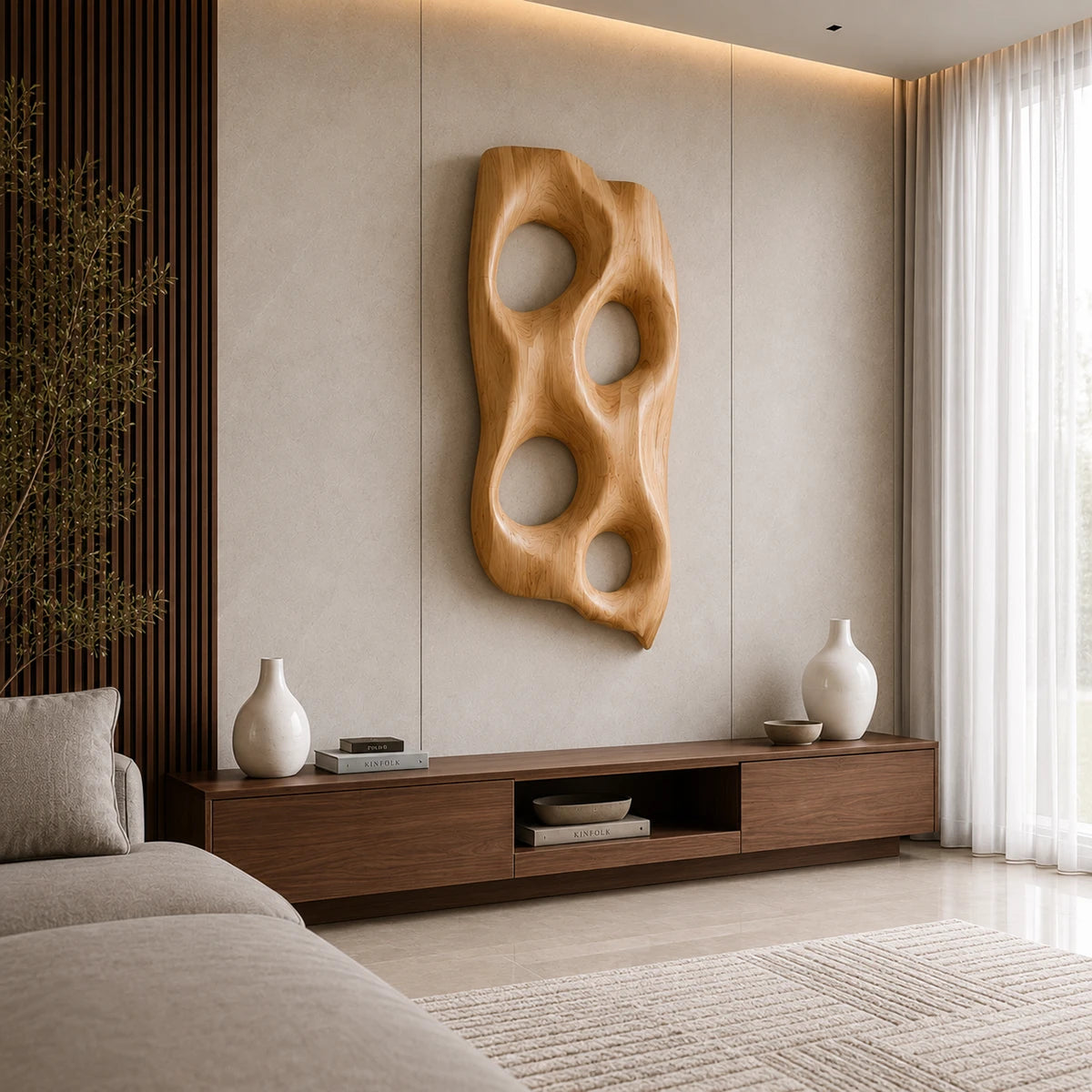 A carved wall panel with flowing contours brings dimension to a refined interior space