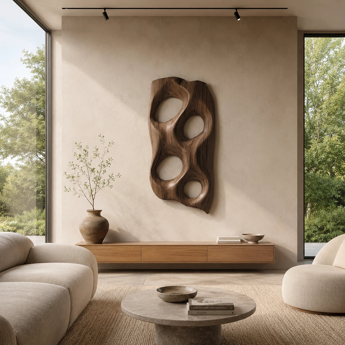 Statement wall sculpture with smooth cutouts introduces depth to a minimalist setting