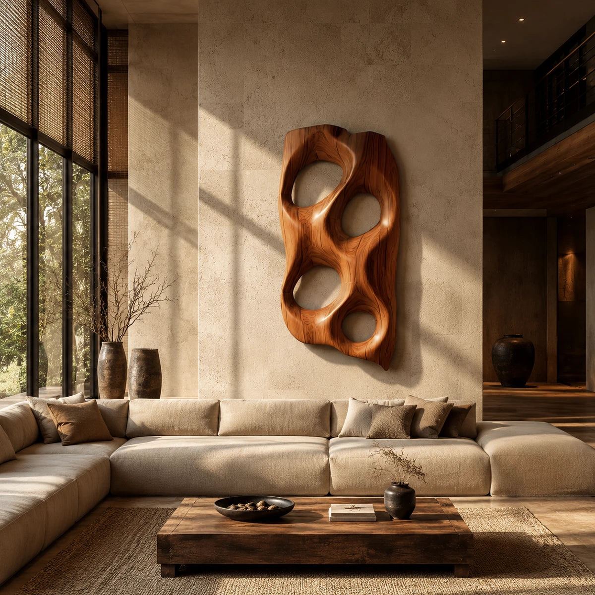 Designed with sculpted openings, this wall art brings movement to a modern interior