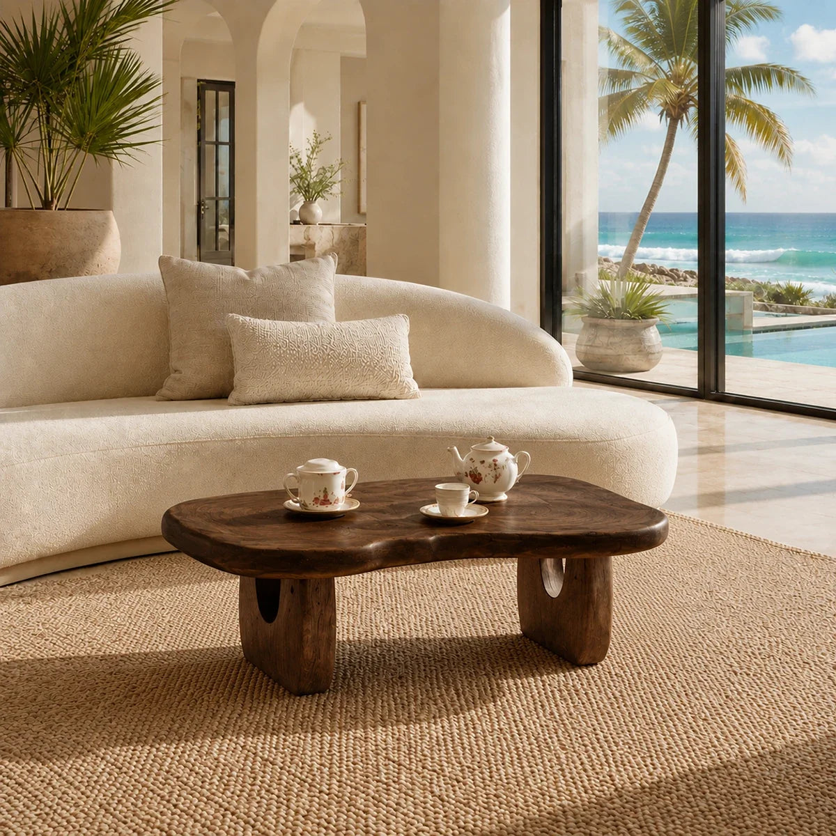 Minimalist coffee table with smooth freeform shape for elegant coastal living spaces