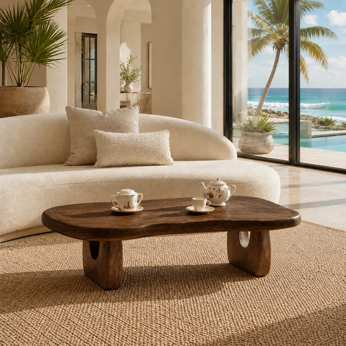 Living room coffee table with sculpted supports and dark wood tone in a sunlit home