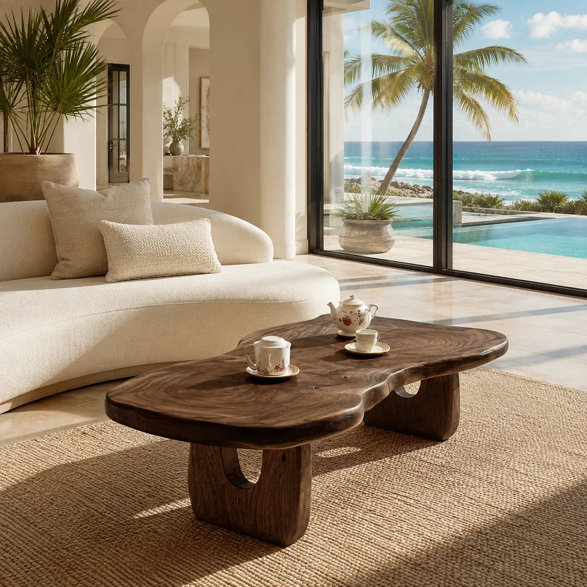 Sculptural coffee table with organic top and dark wood tone finish in a coastal room
