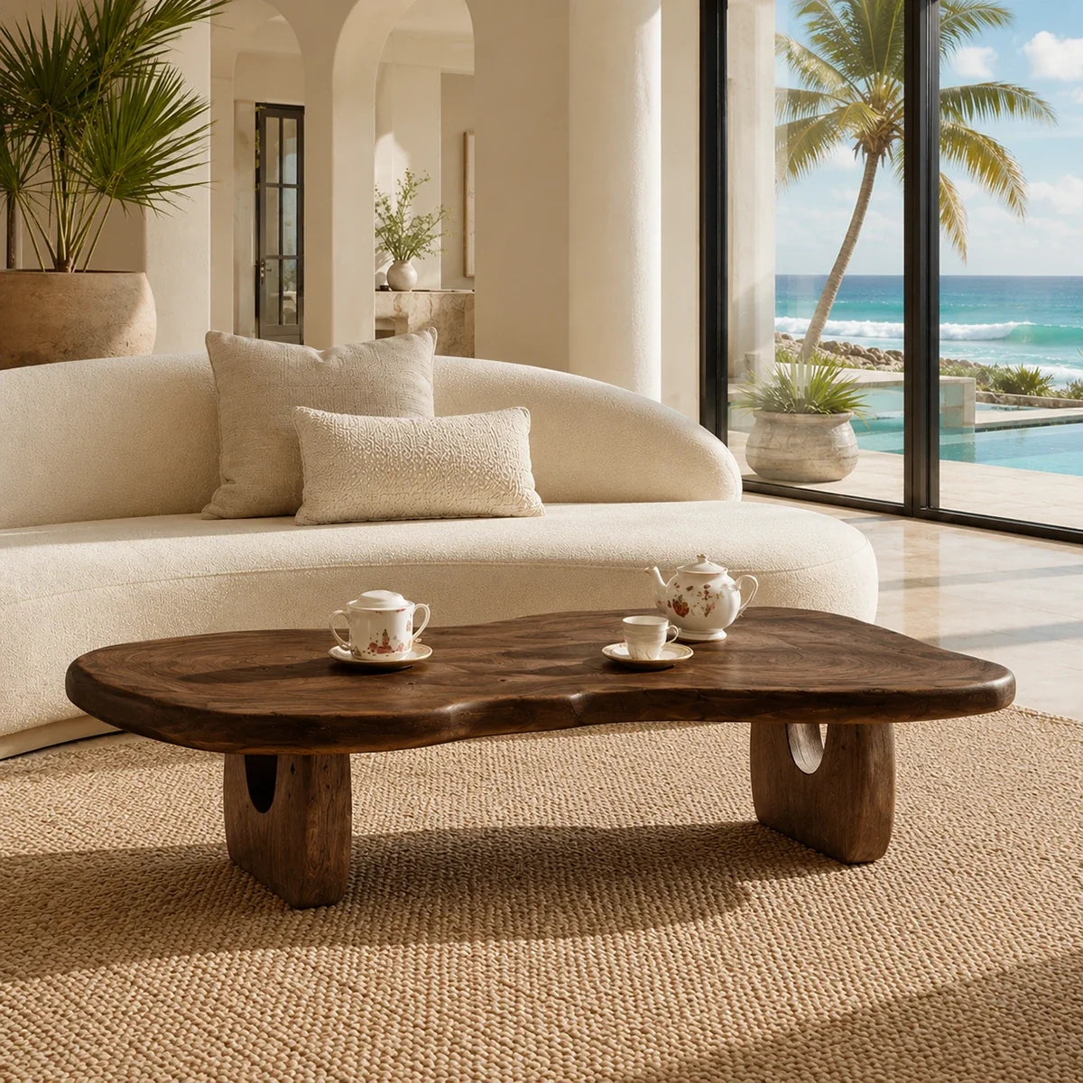 Low profile coffee table with rounded edges and deep wood tone finish for relaxed rooms