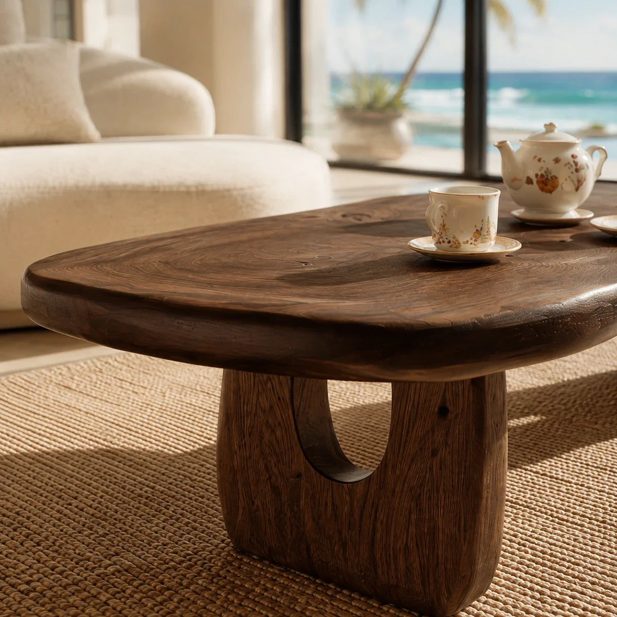 Designer coffee table with sculpted legs and visible grain in a sunlit coastal home