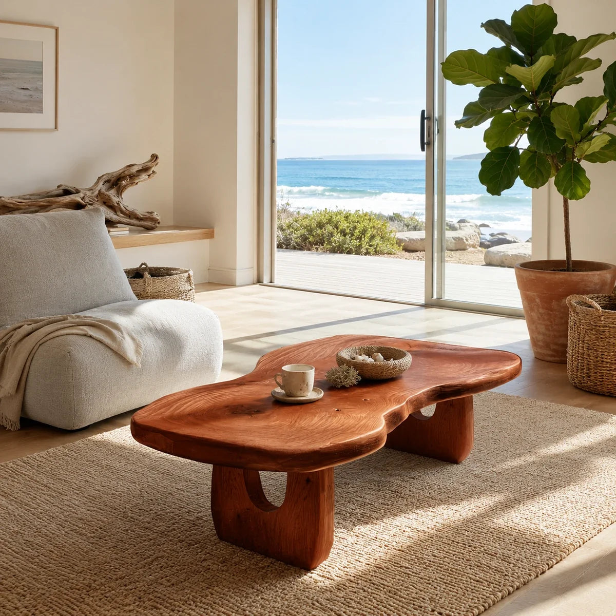 Curved coffee table adds sculptural character and practical surface to airy interiors