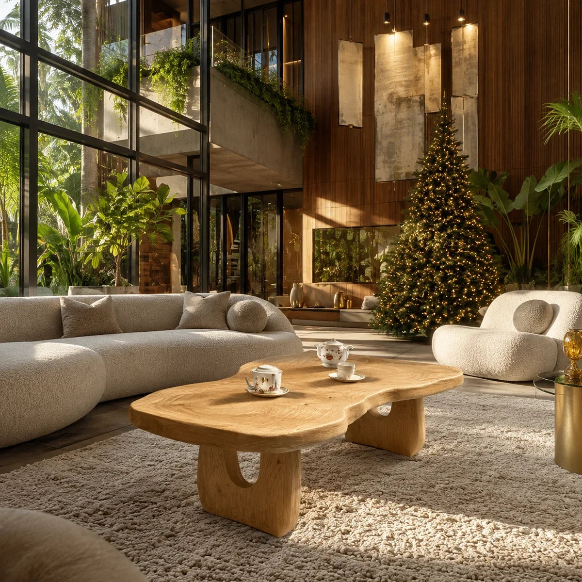 Statement coffee table with flowing silhouette and rich wood tone in a serene beach room