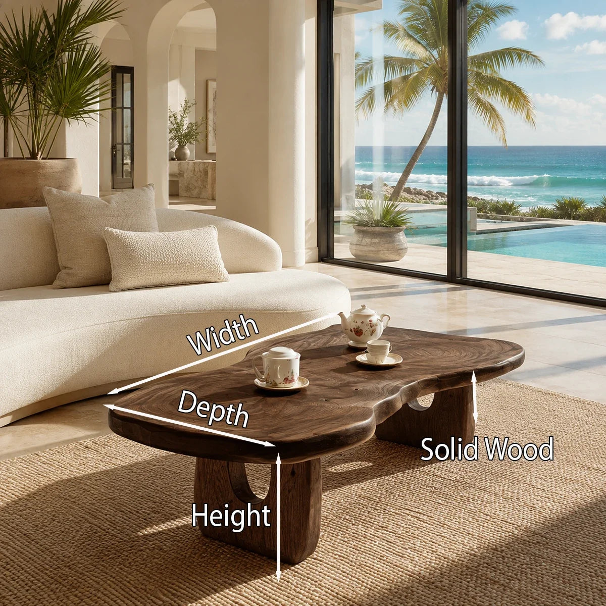 Contemporary coffee table showcases soft curves and dark wood tone in a bright room