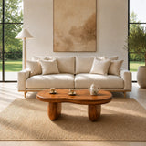 Luxury coffee table with a low silhouette and rounded edges in a bright home setting