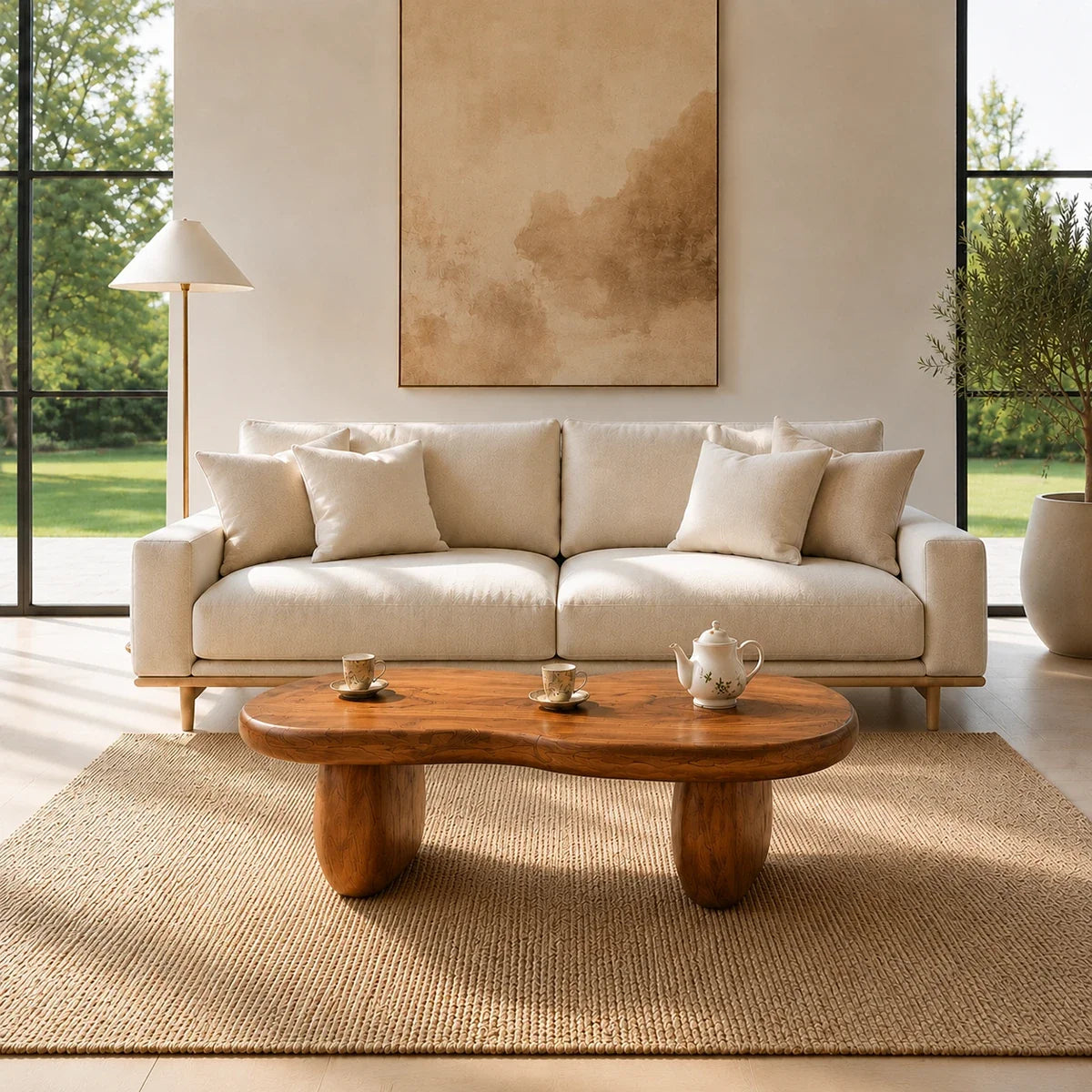 Freeform coffee table styled with tea service and soft seating in a clean interior