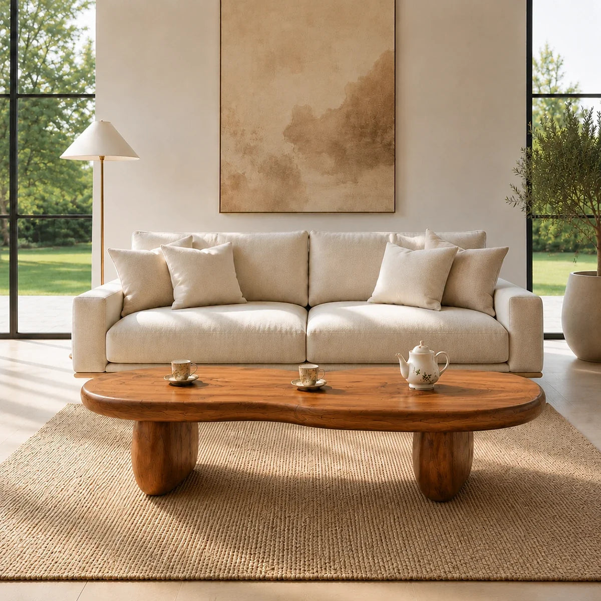 Curved coffee table with an oversized top and sturdy base in an elegant home setting