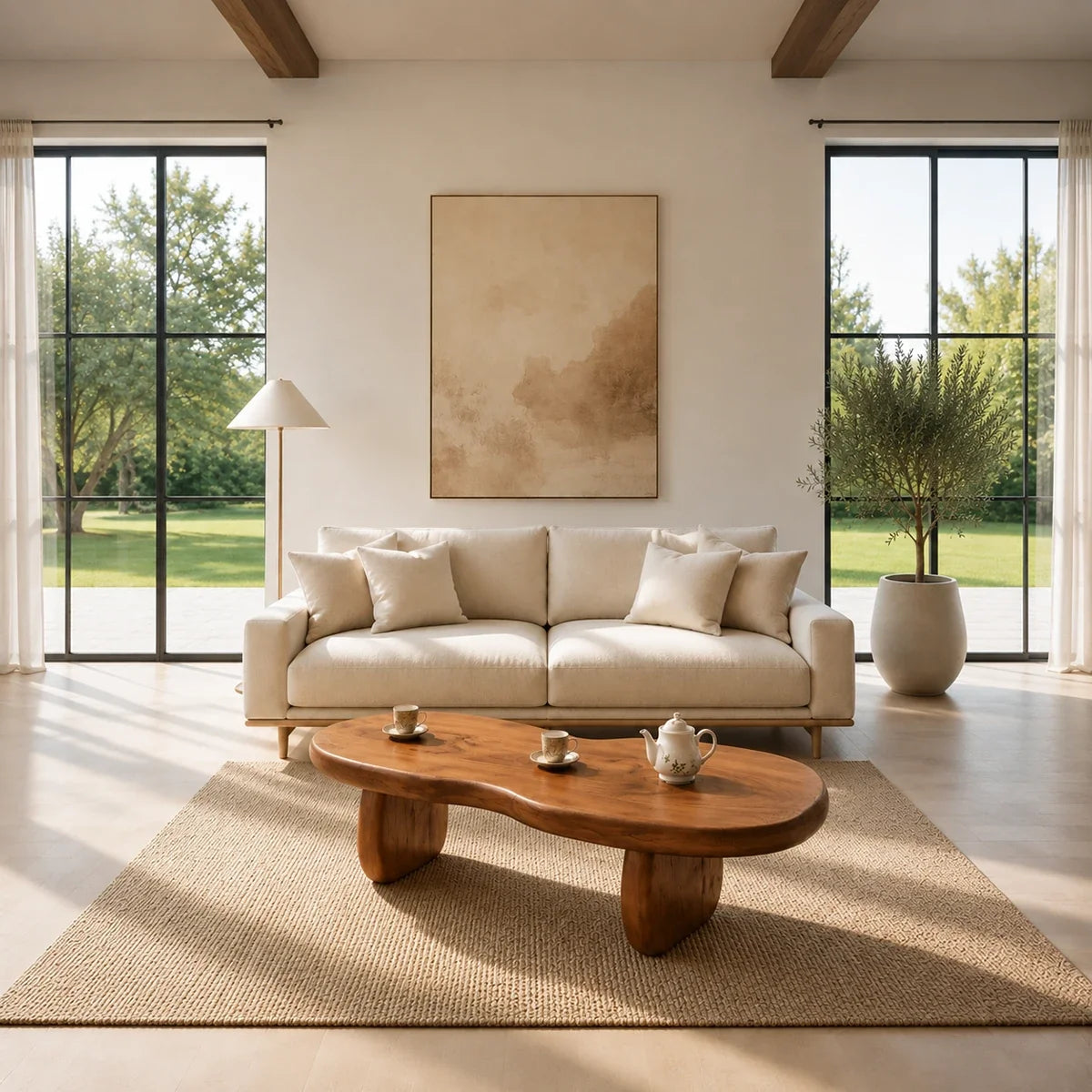 Organic coffee table with rounded silhouette placed before a sofa in an airy lounge