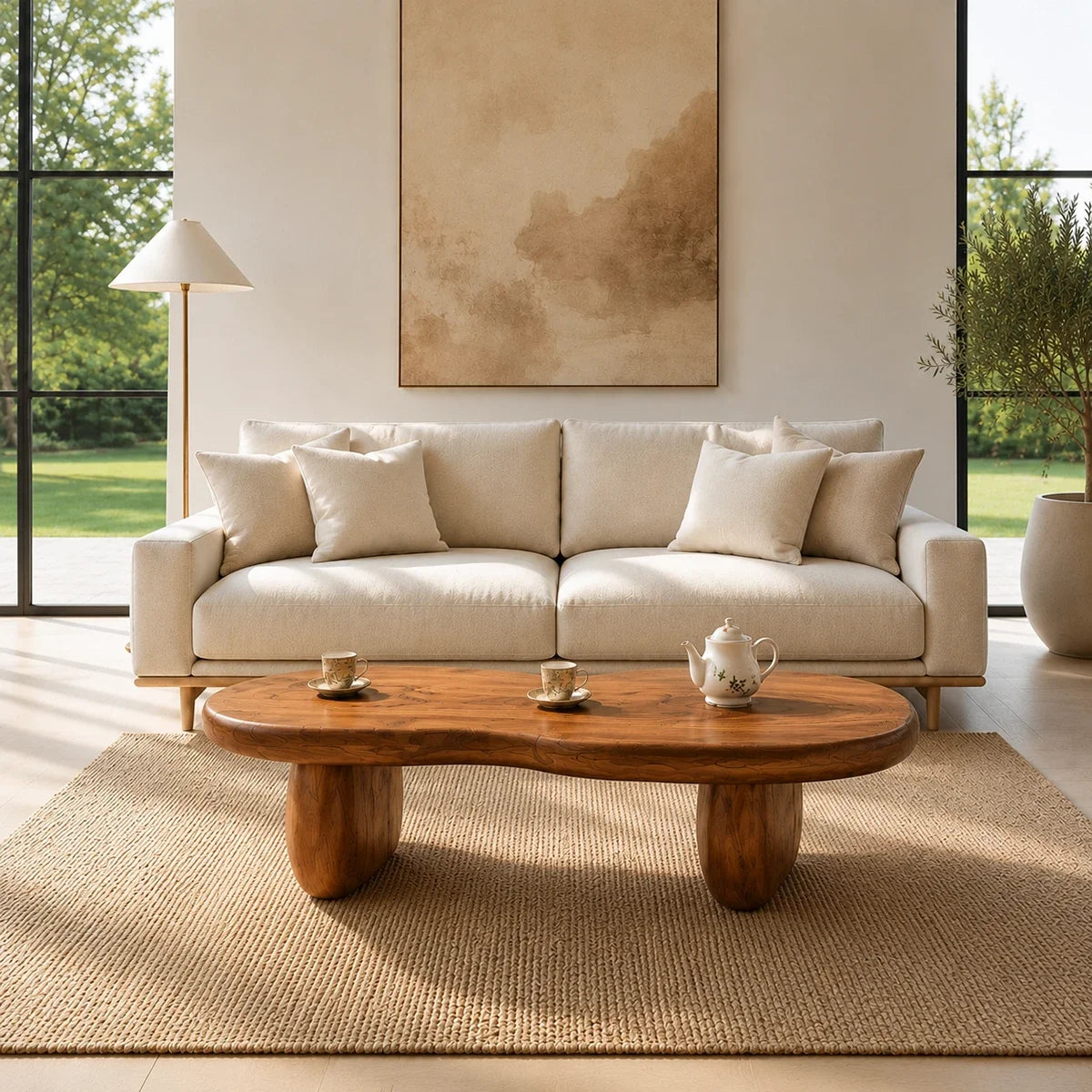 Modern coffee table featuring a flowing shape and low profile in a cozy interior