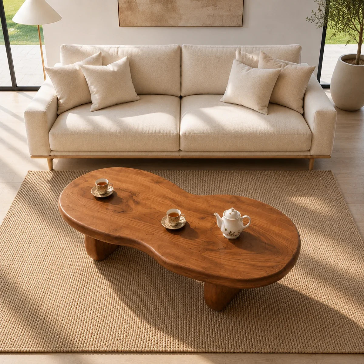Designer coffee table with an organic outline and sturdy base in a sunlit room interior