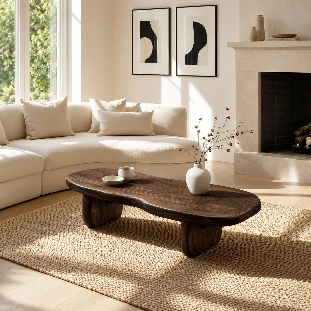 Minimalist coffee table with a freeform surface and bold supports by the sofa area