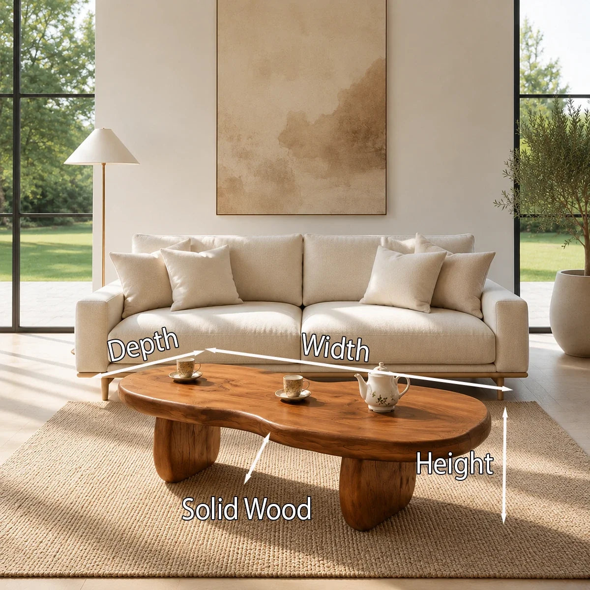 Living room coffee table with an organic shape and sculptural pedestal legs design