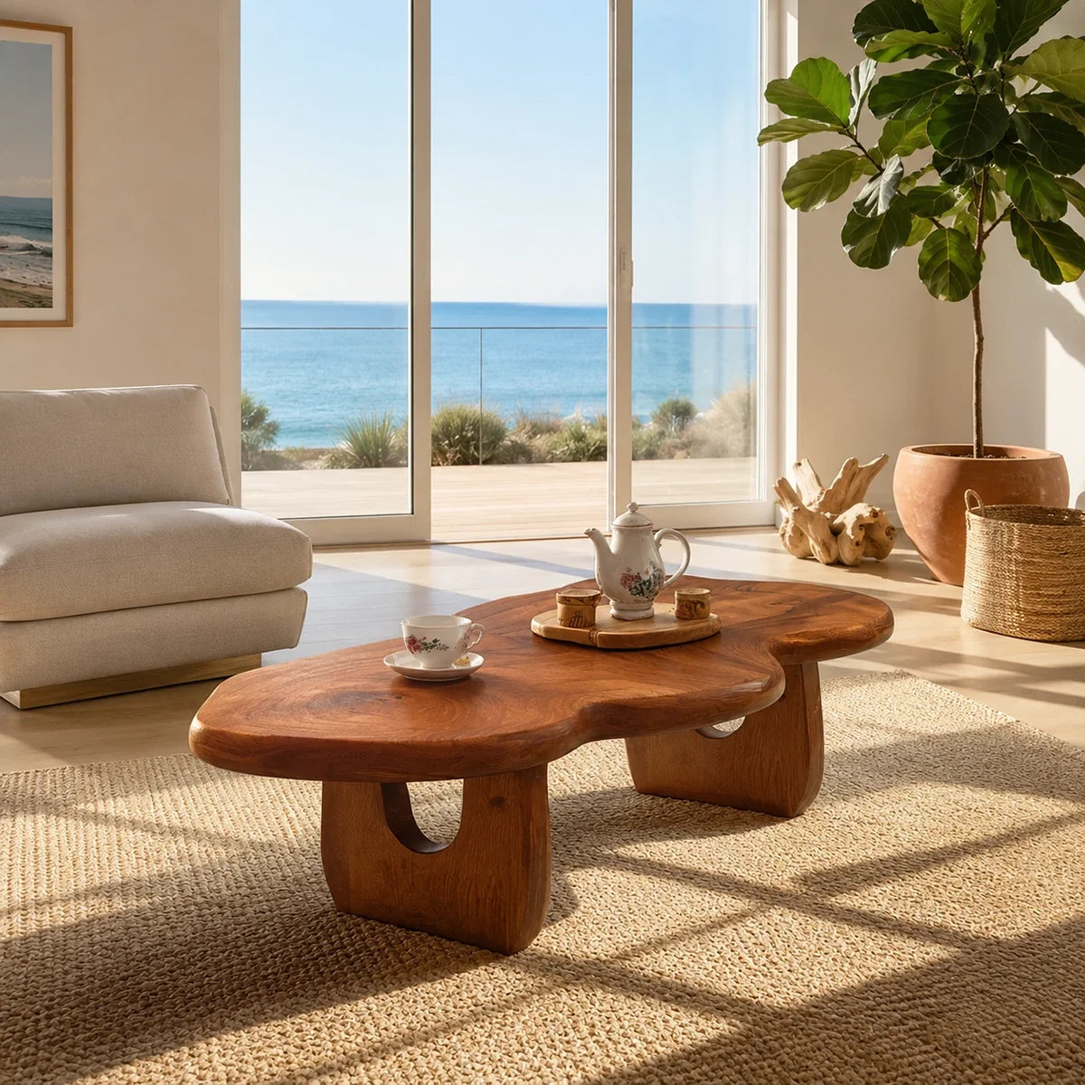 Sculptural coffee table with organic top and warm wood tone finish in a coastal room