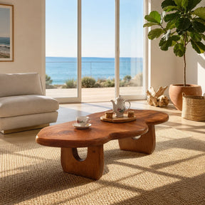 Sculptural coffee table with organic top and warm wood tone finish in a coastal room