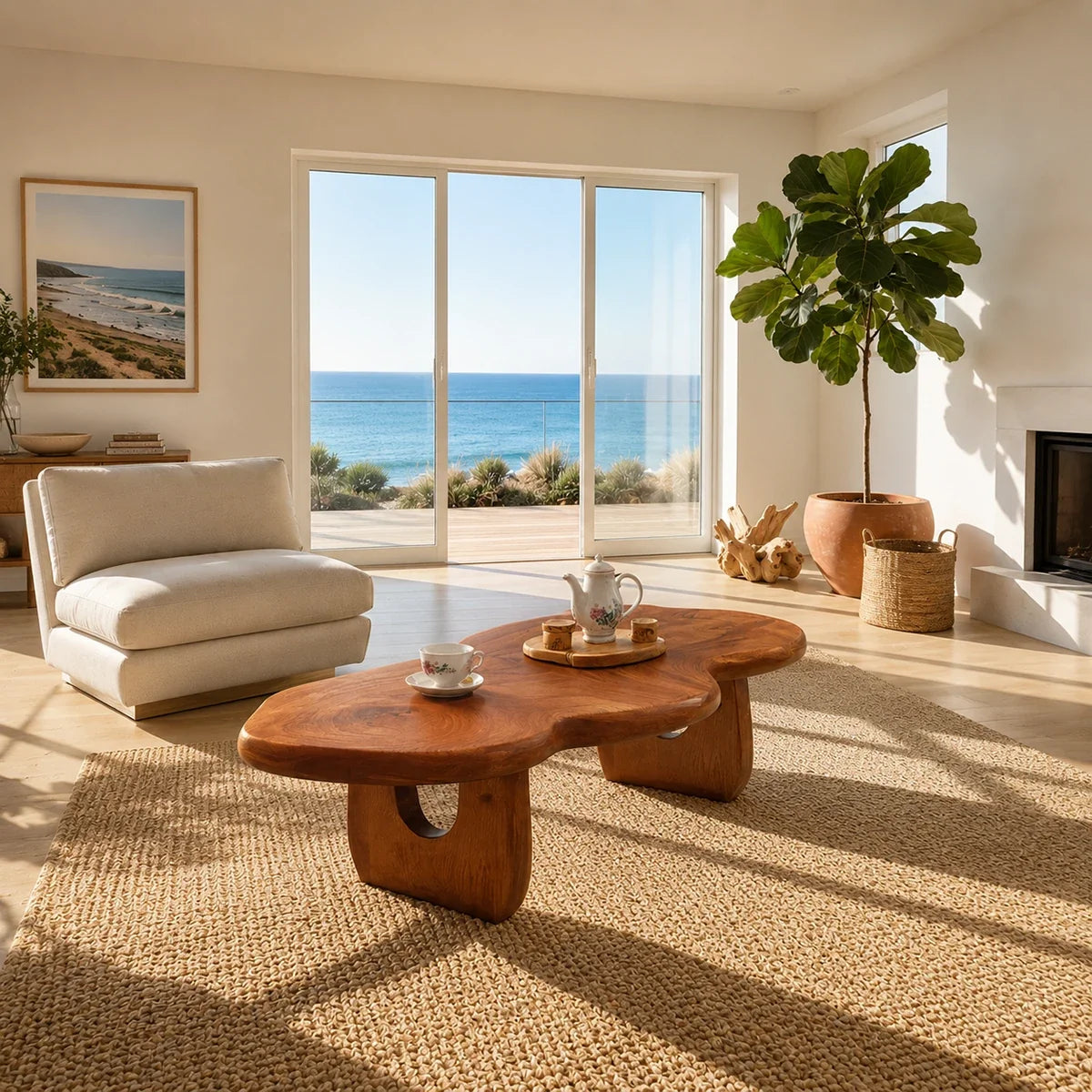 Organic modern coffee table styled on a woven rug in a bright seaside living space