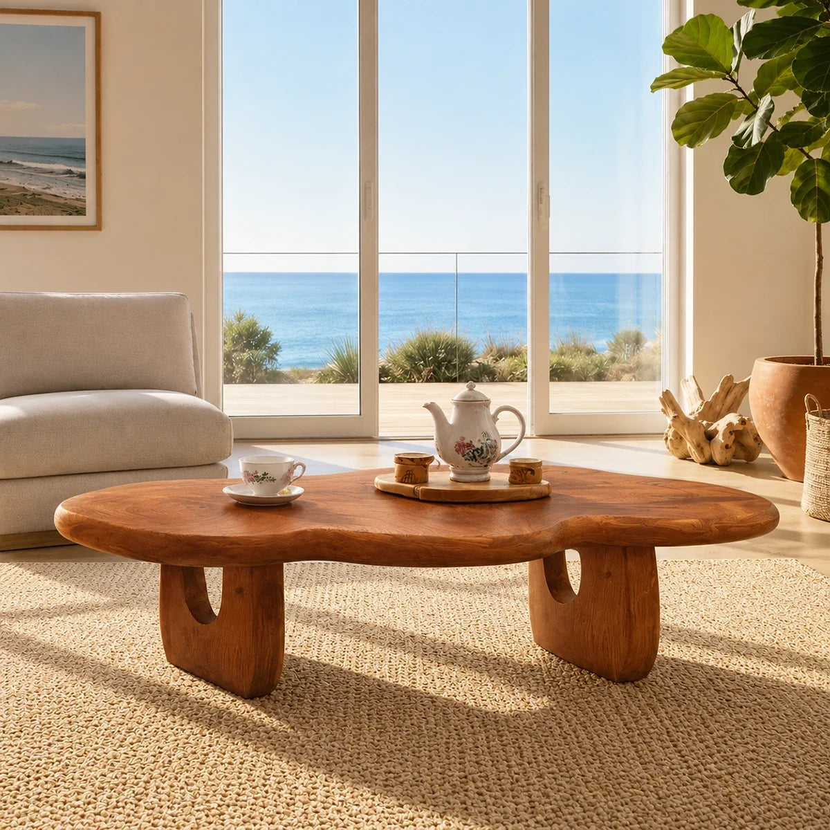 Low profile coffee table with rounded edges and warm finish for relaxed interiors