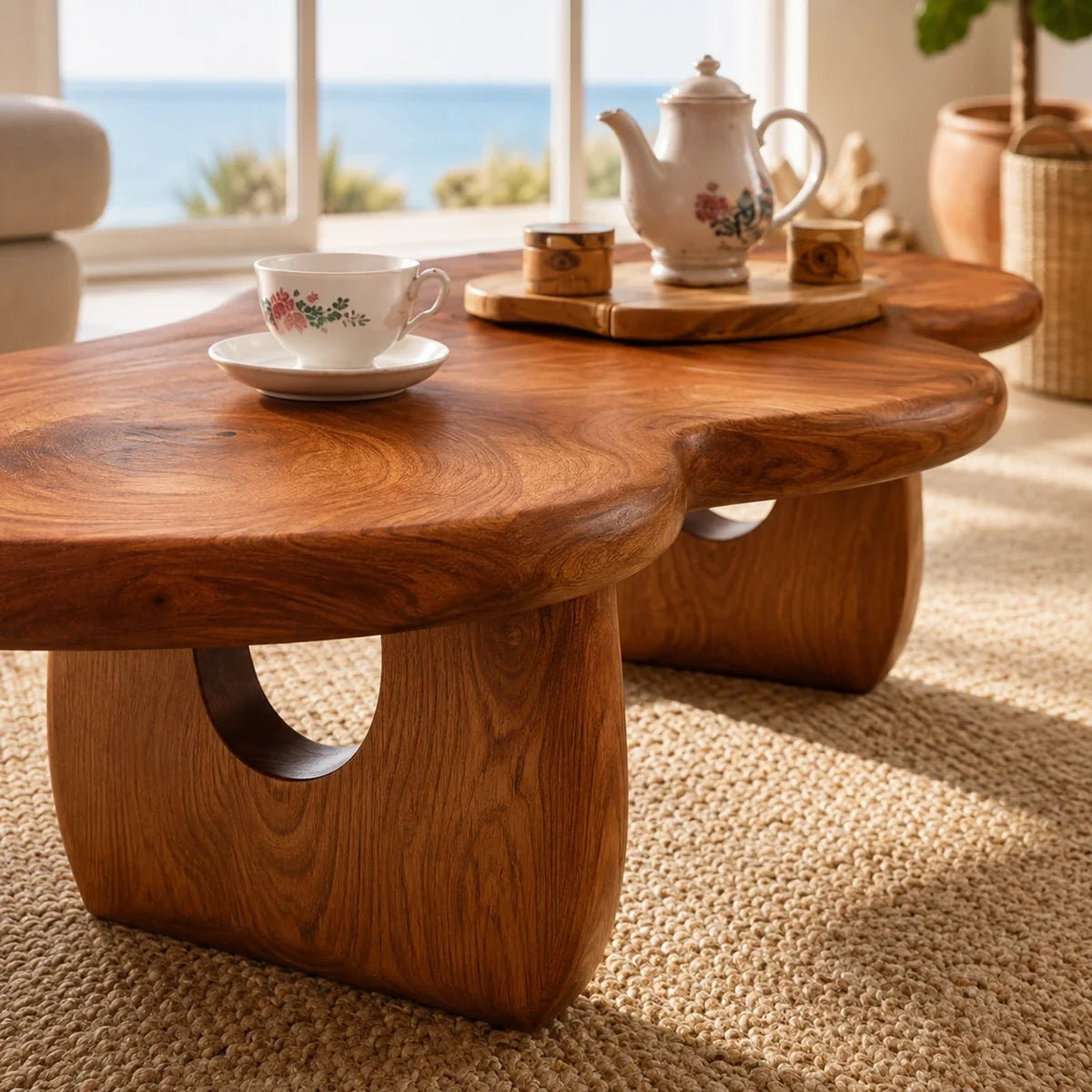 Designer coffee table with sculpted legs and visible grain in a sunlit coastal home