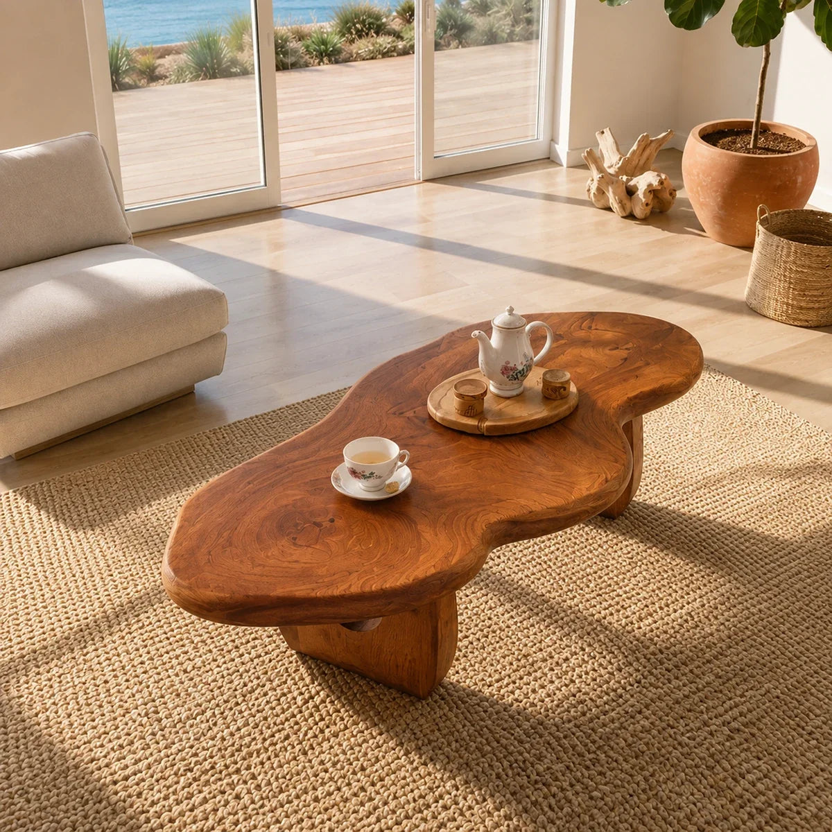 Modern coffee table with freeform top and warm wood tone beside soft lounge seating