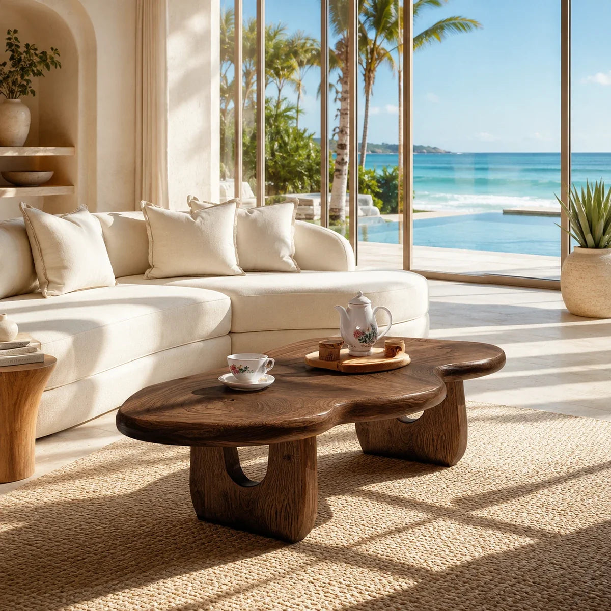 Curved coffee table adds sculptural character and practical surface to airy interiors