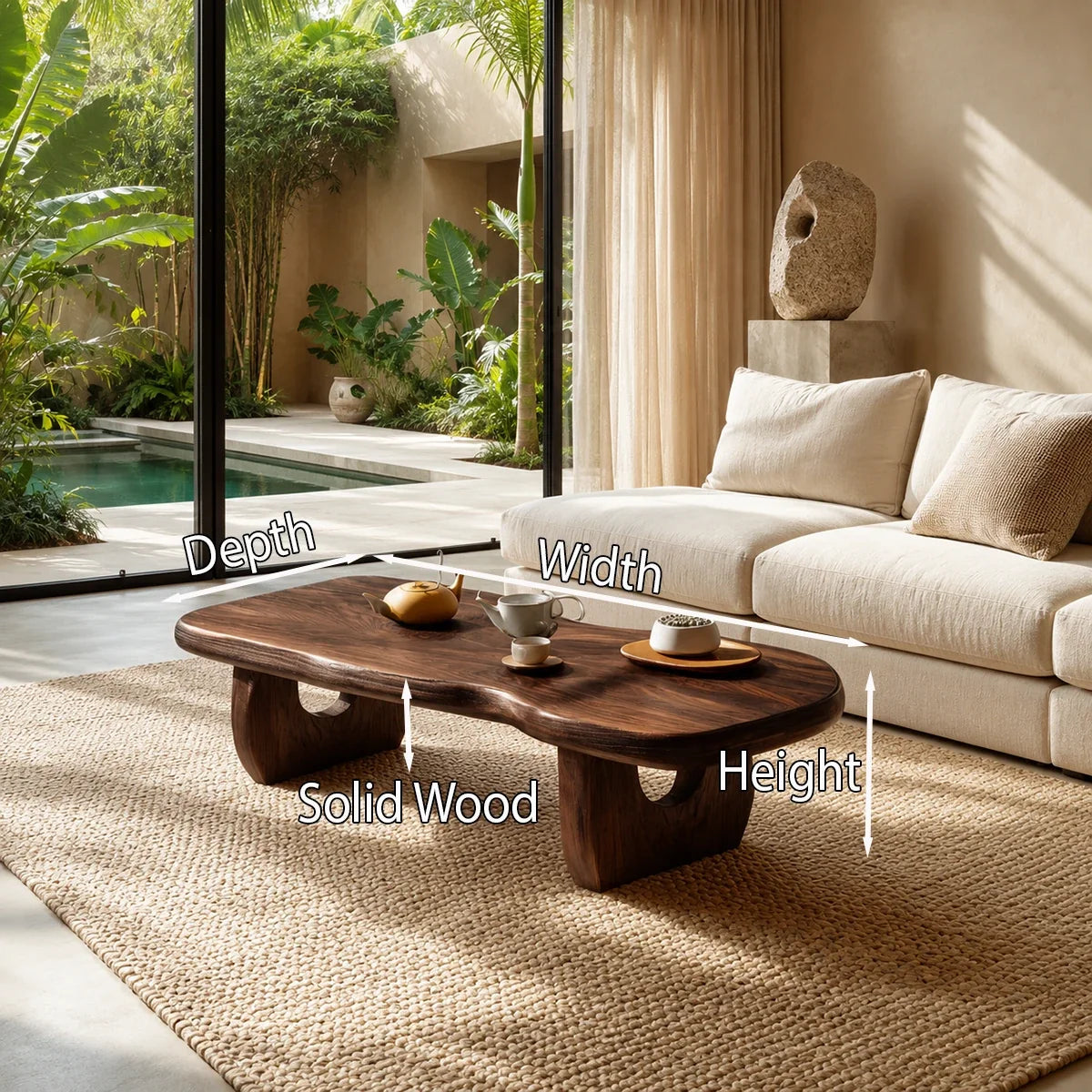 Contemporary coffee table showcases smooth curves and visible grain in a bright room